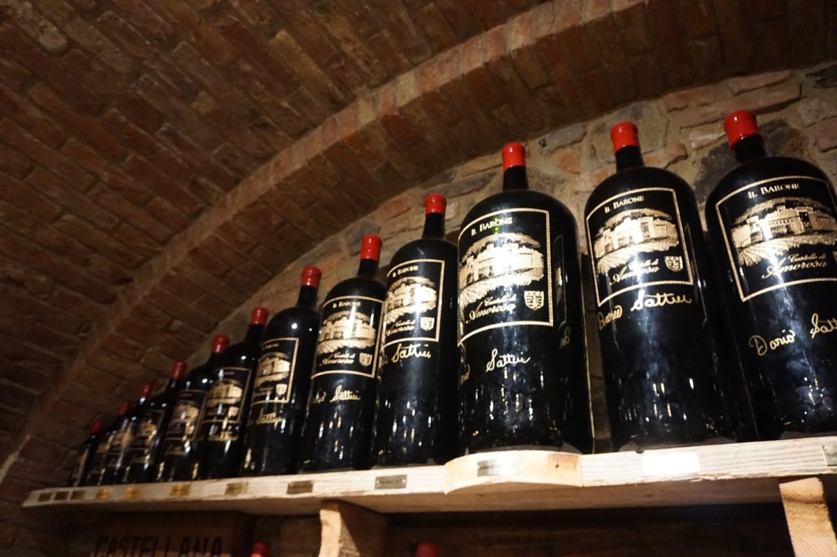 Castello di Amorosa barrel cellar lined with magnums, Napa Valley